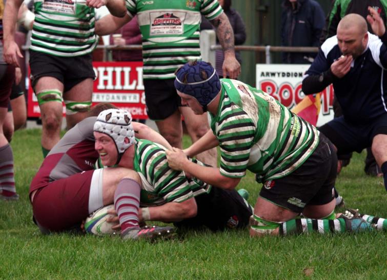 Jack Mason crashes over for the only try of the game for Whitland